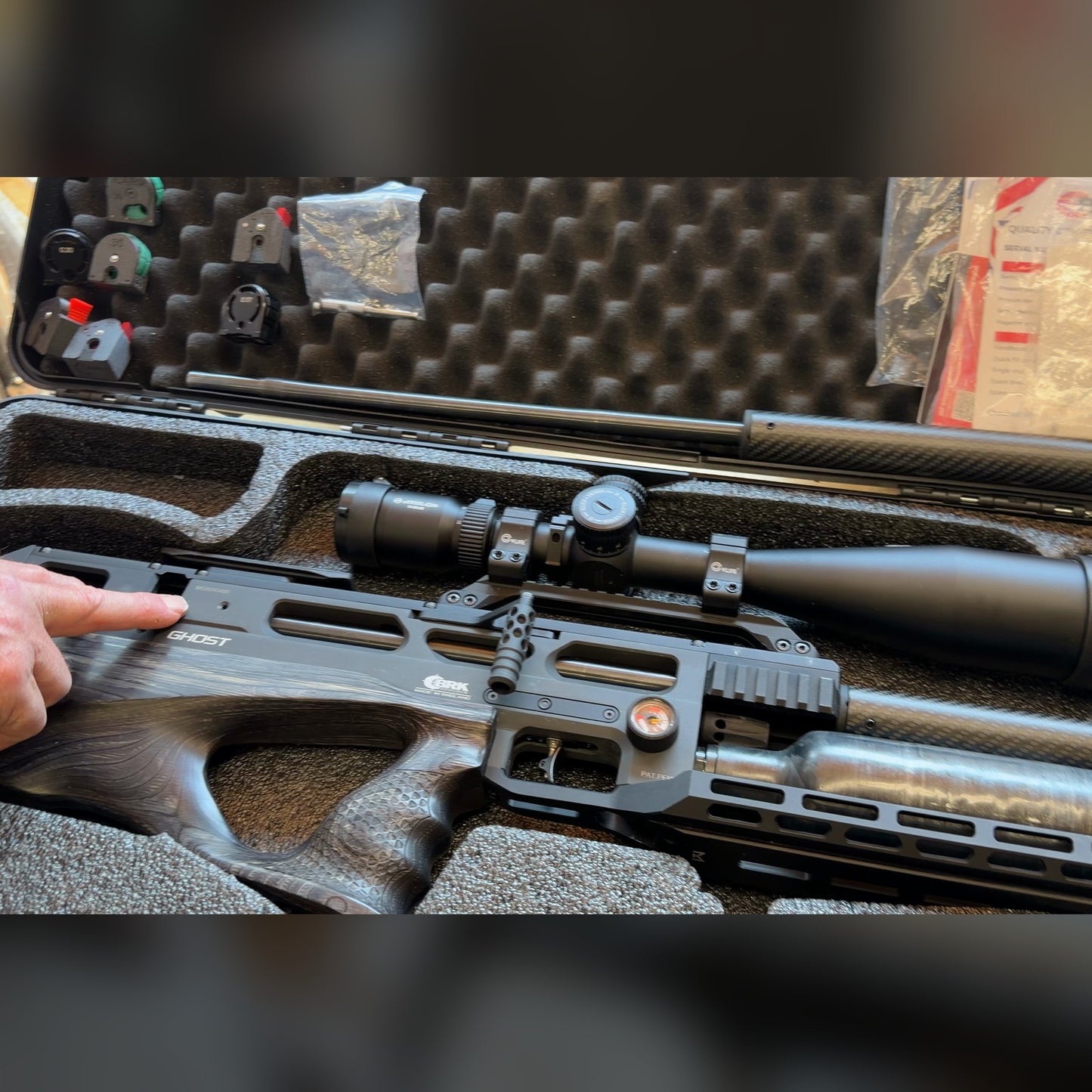 BRK Ghost PCP Air Rifle, Used - 30 & 177 caliber packages, Gray Laminate Stock with Athlon 15-60x56