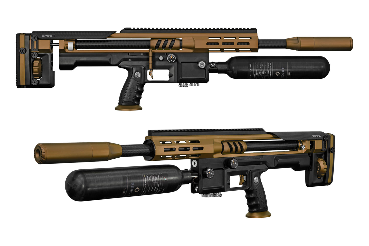 Skout EVOs  Gold color, with .177 caliber 25" barrel, Plano Case, 580cc tank upgrades & Acra rail upgrade