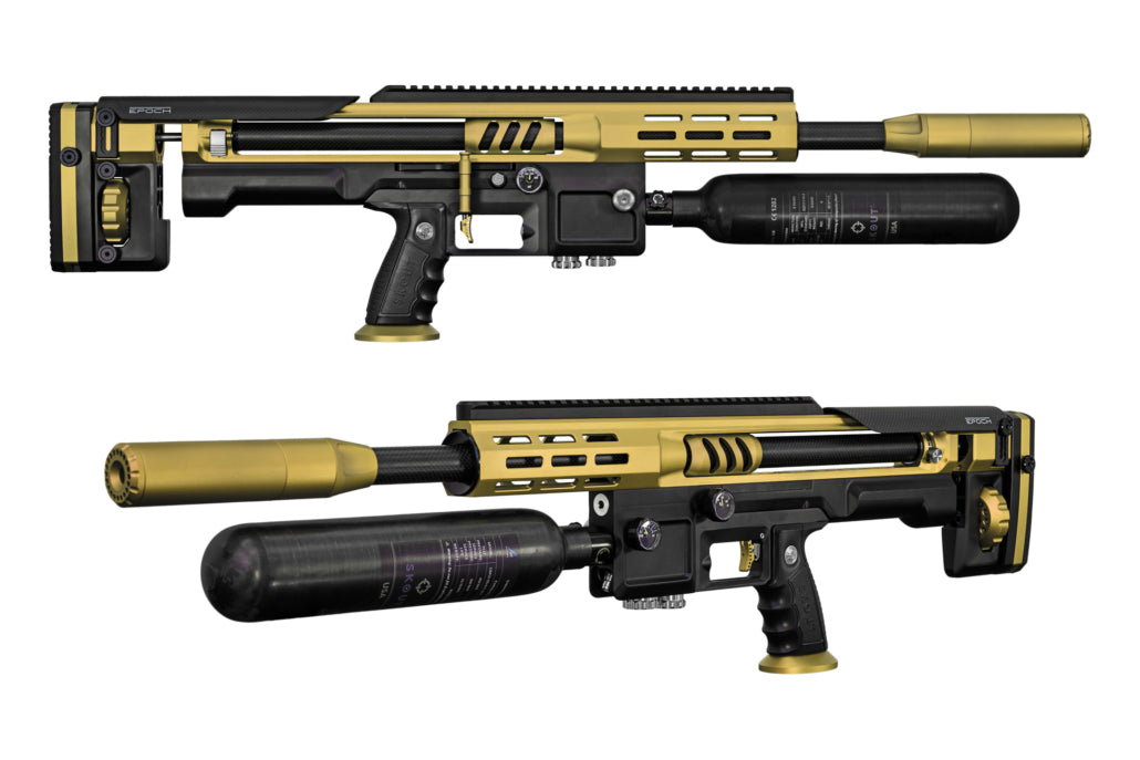 Skout EVOs  Gold color, with .177 caliber 25" barrel, Plano Case, 580cc tank upgrades & Acra rail upgrade