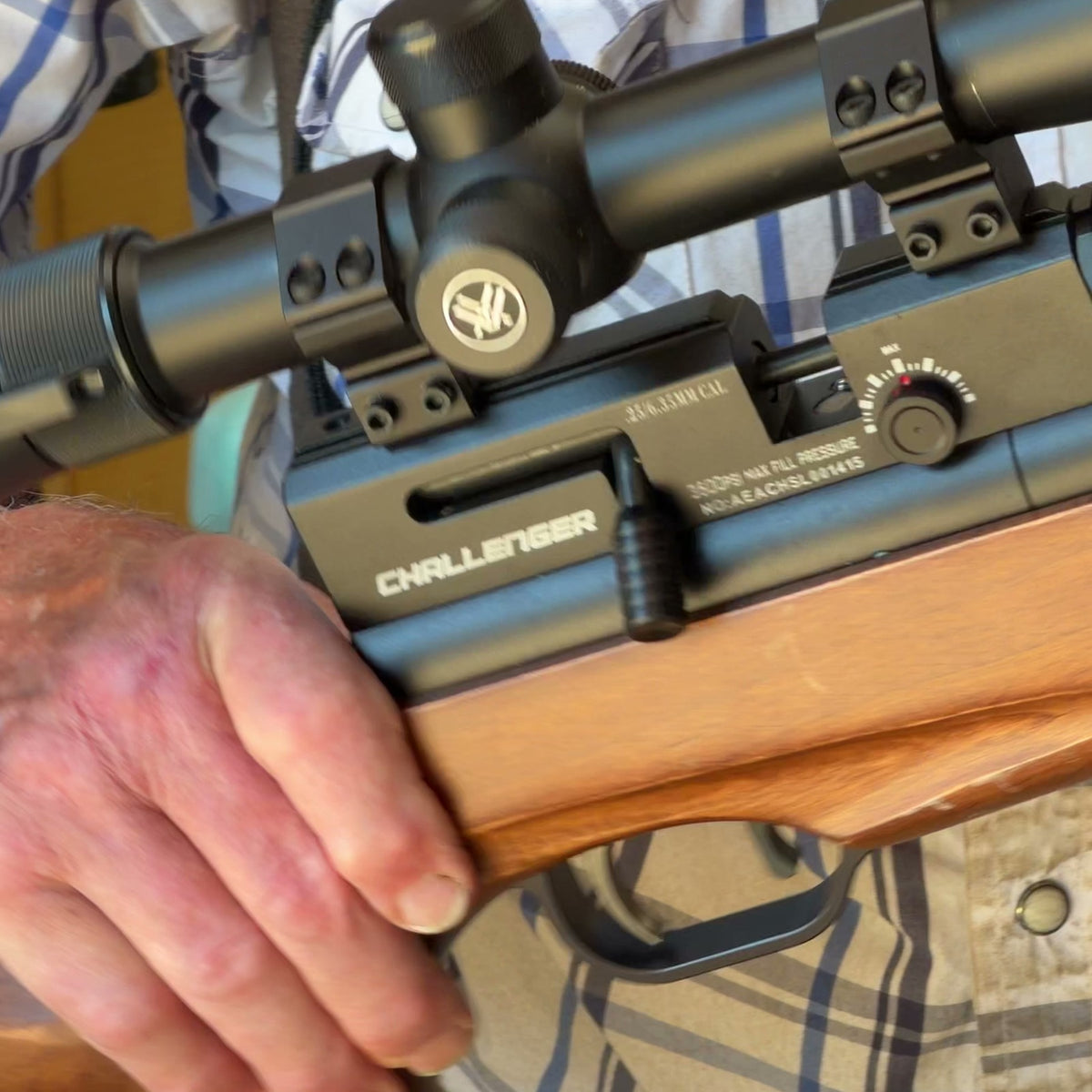 AEA Challenger .25 caliber PCP Air Rifle, Used - Wood Stock, Bolt Action, Adjustable Power